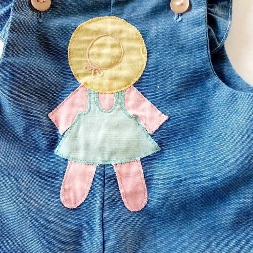 Vintage Girls Romper Overall Chambray Ruffle Maggie Mackall Blue Small 6 Months